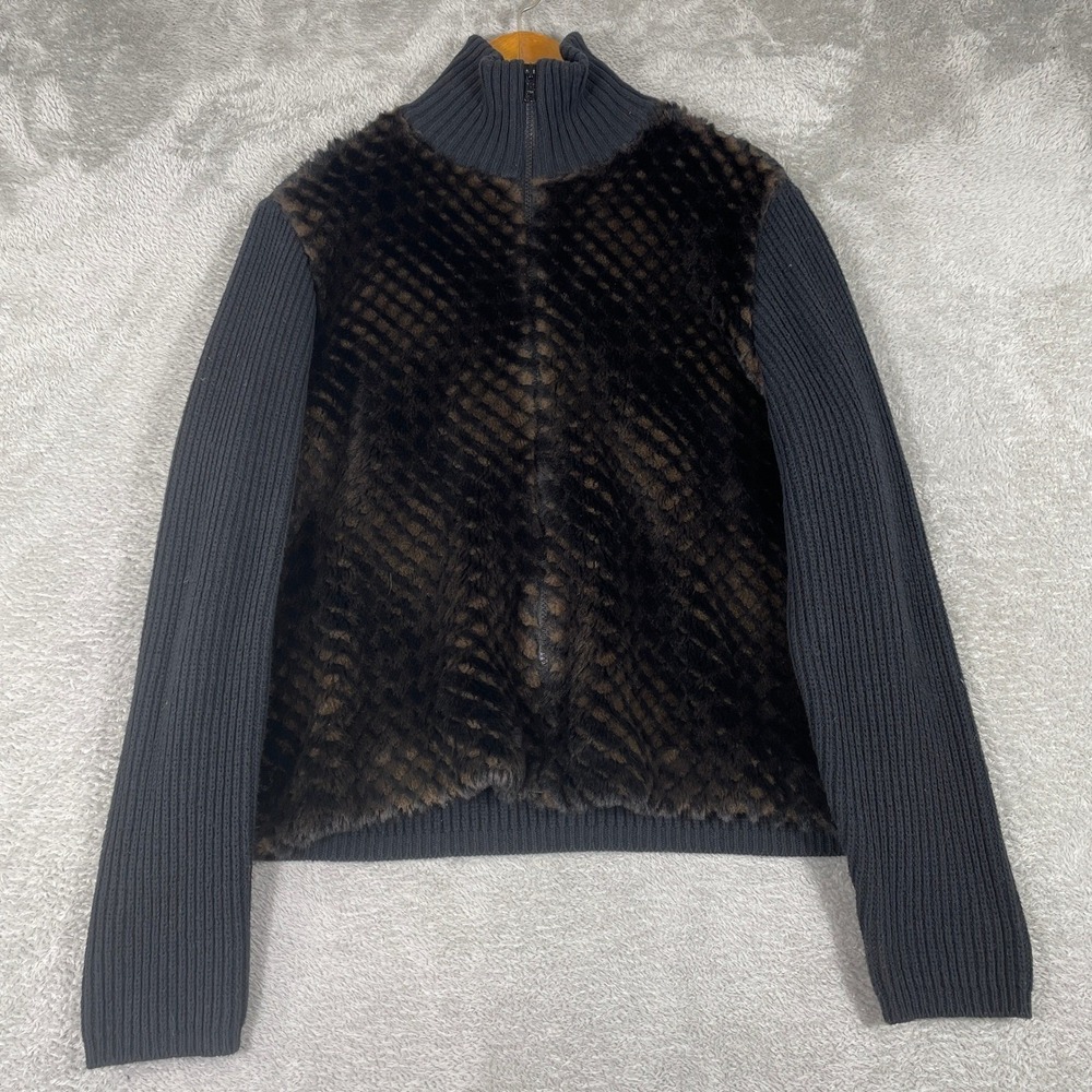 Cotton Country Parkhurst Sweater Womens Large Black Faux Fur Ribbed Full Zip